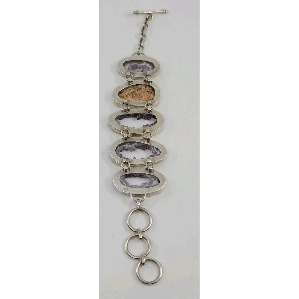 Sterling Silver 925 Purple Natural Geode Crystal Stone Bracelet